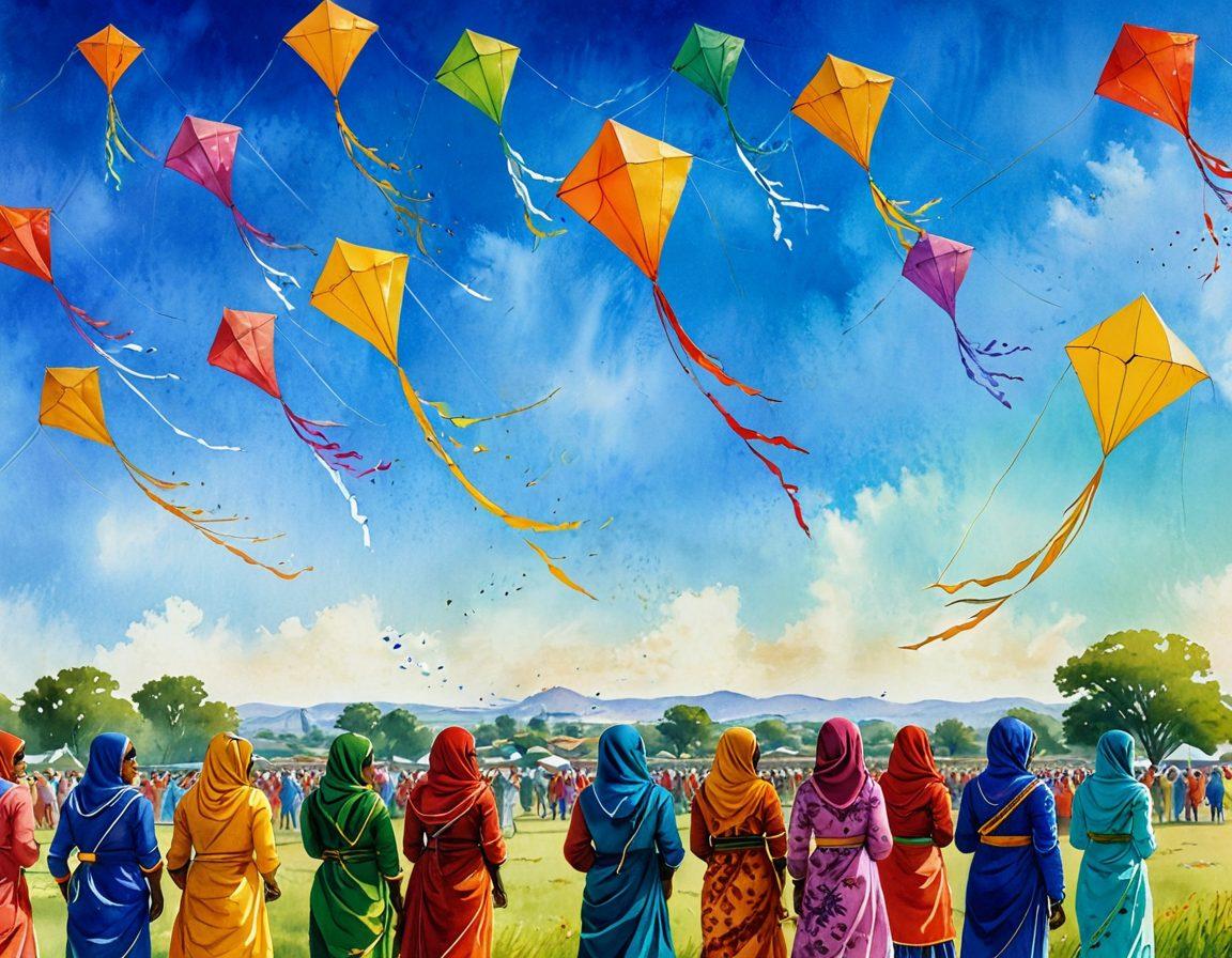 A vibrant scene of a kite festival, with colorful kites soaring against a bright blue sky. Include diverse groups of people in traditional attire, joyfully flying kites and sharing laughter, surrounded by lush green fields. Showcase various intricate kite designs, resembling cultural symbols from around the world. The atmosphere should feel festive and lively, with a splash of sunlight illuminating the scene. watercolor painting. vibrant colors.