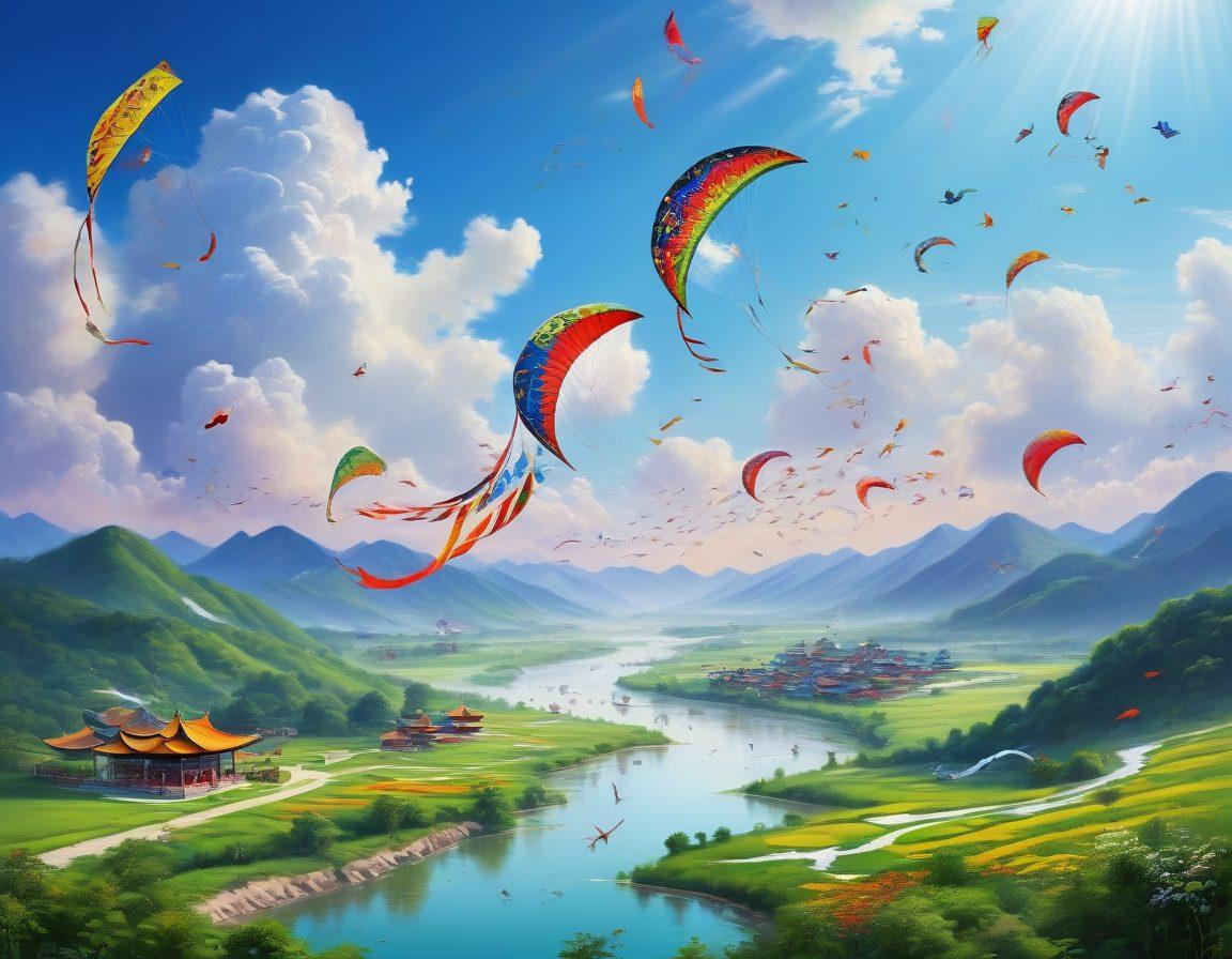 A breathtaking sky filled with an assortment of vibrant, intricately designed Chinese kites soaring through fluffy white clouds, showcasing traditional patterns and colors. Below, a picturesque landscape of lush green fields and a serene river, with diverse cultural elements like people enjoying a kite festival, dressed in colorful traditional attire, happily flying kites. The scene captures a sense of joy and celebration intertwined with the rich cultural heritage of kite flying. super-realistic. vibrant colors. clear blue sky.