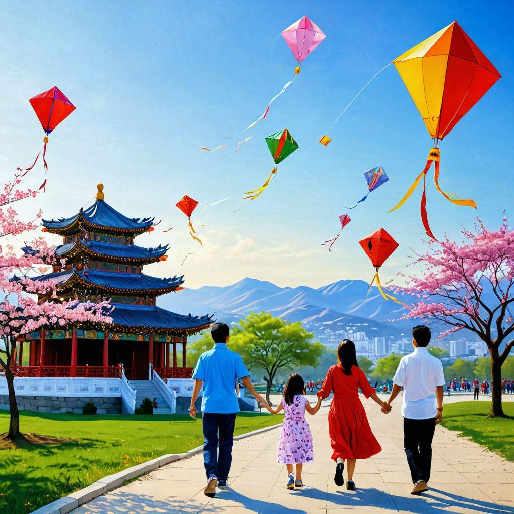 A vibrant outdoor scene of families flying colorful kites against a clear blue sky, with traditional Chinese landscape elements like pagodas and cherry blossoms in the background. The kites exhibit intricate designs, reflecting Chinese culture and joy, while children and adults of diverse descents enjoy the playful atmosphere. Bright colors and cheerful expressions highlight the festive spirit. super-realistic. vibrant colors. idyllic landscape.